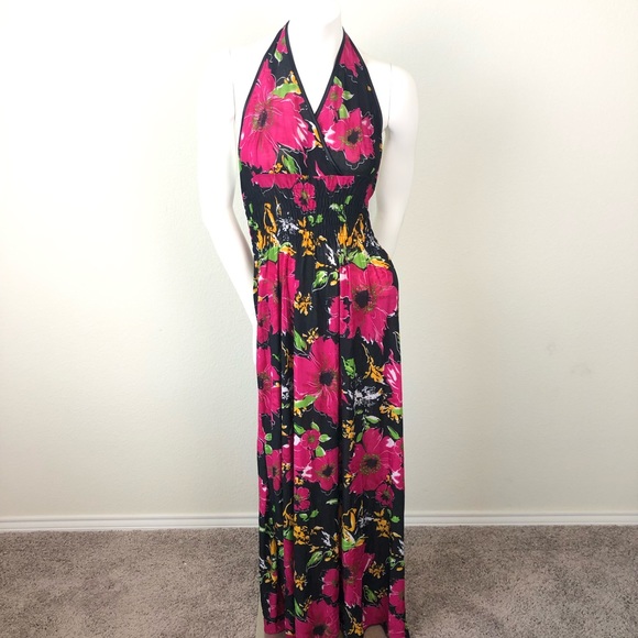 Dresses & Skirts - Pink Floral Smocked Silk Blend Halter Maxi Dress